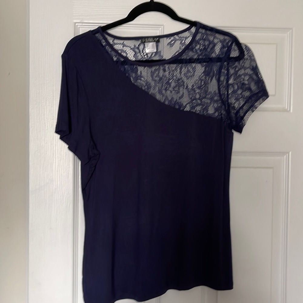 Venus short sleeve navy, lace sleeve shirt